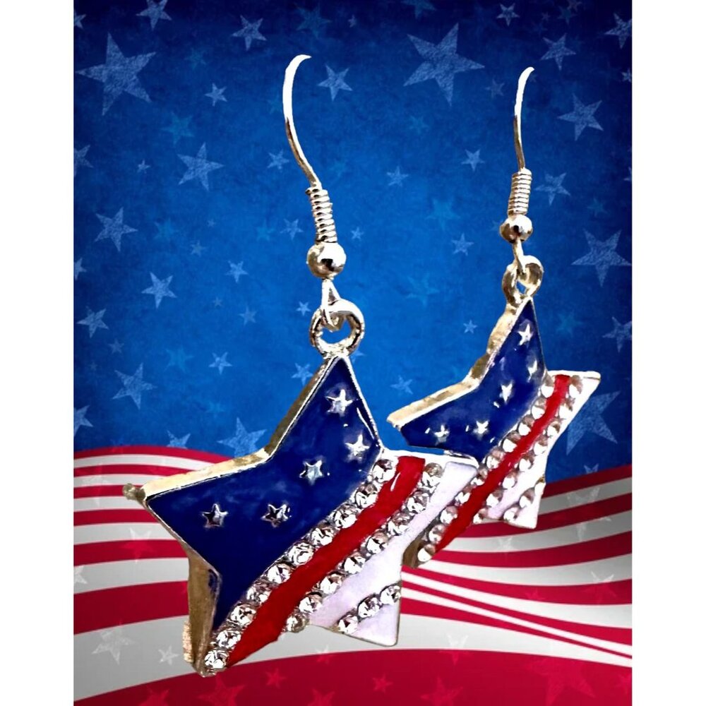 New Patriotic Star Earrings Rhinestones Dangle Patriotic July 4 Veteran'…